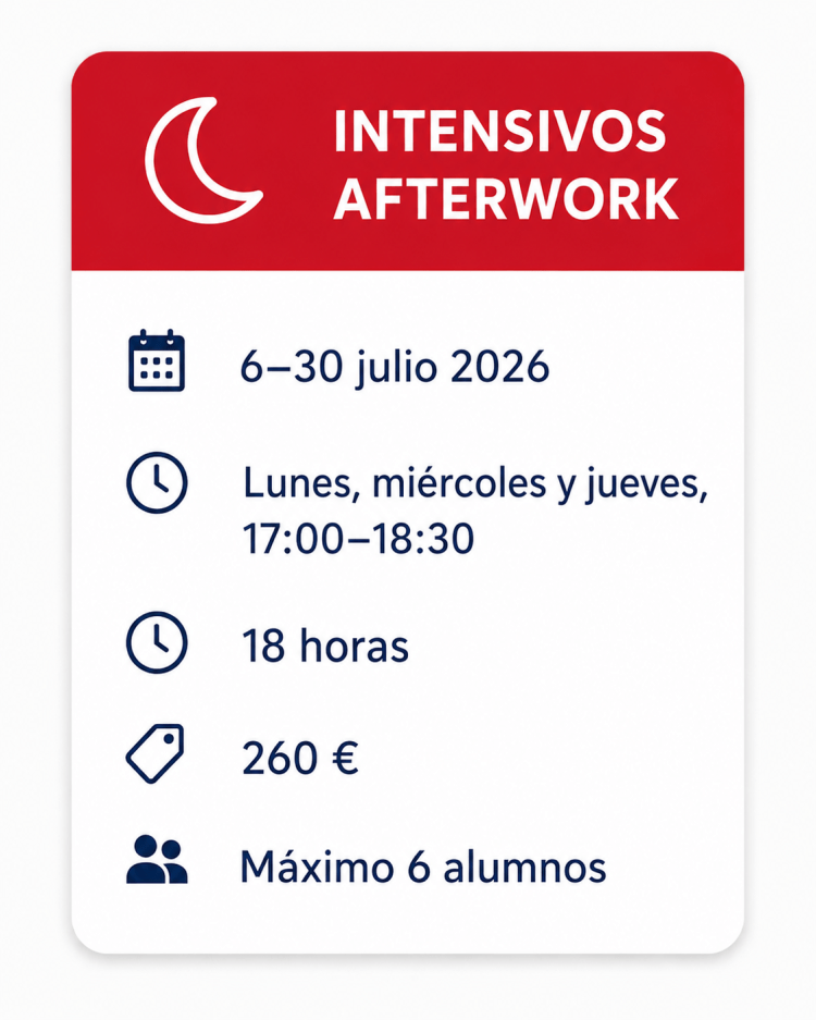 Intensivos afterwork de francés en julio 2026 en Igara, San Sebastián: lunes, miércoles y jueves, 17:00–18:30, 18 horas, 260 €, máximo 6 alumnos.