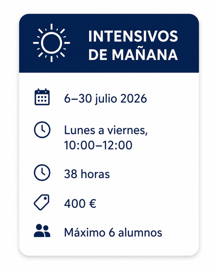 Intensivos de mañana de francés en julio 2026 en Igara, San Sebastián: de lunes a viernes, 10:00–12:00, 38 horas, 400 €, máximo 6 alumnos.